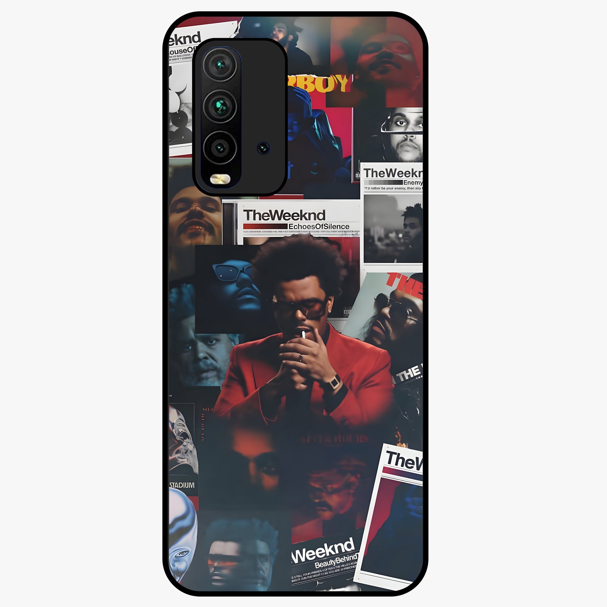 The Weeknd Glass Case showing flat back view with music inspired artistic portrait artwork and glossy glass finish.