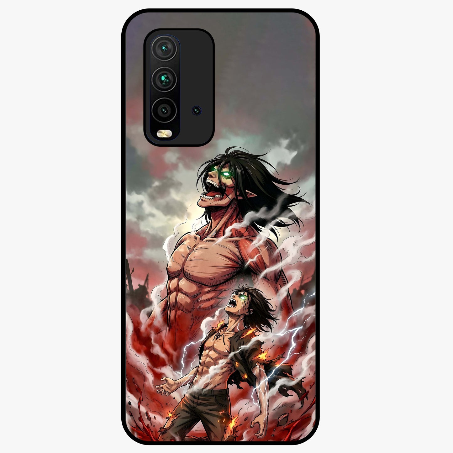 Titan Awakening Fury Glass Case showing flat back view with powerful titan inspired artwork and glossy glass finish.