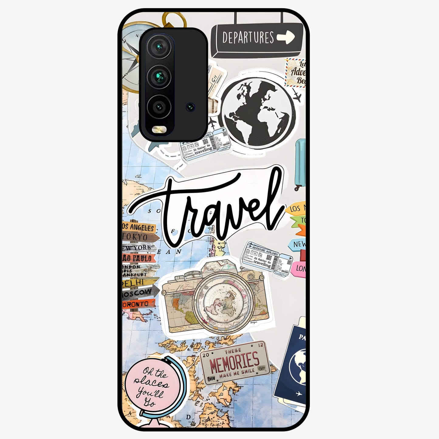 Wanderlust Journal Glass Case showing flat back view with travel inspired artwork and glossy glass finish.