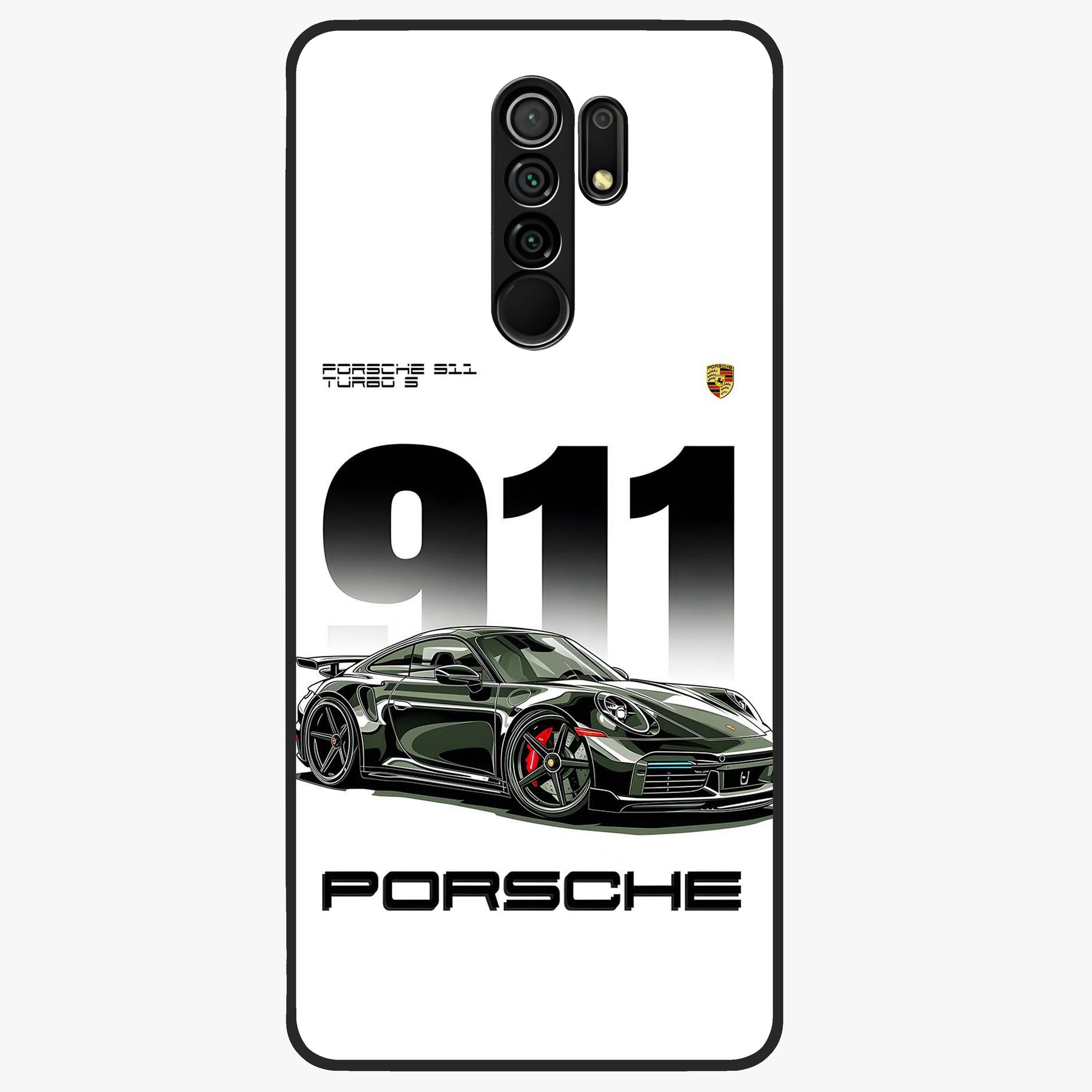 911 Turbo Dominance Glass Case showing clean flat back view with bold 911 sports car artwork and glossy glass finish.