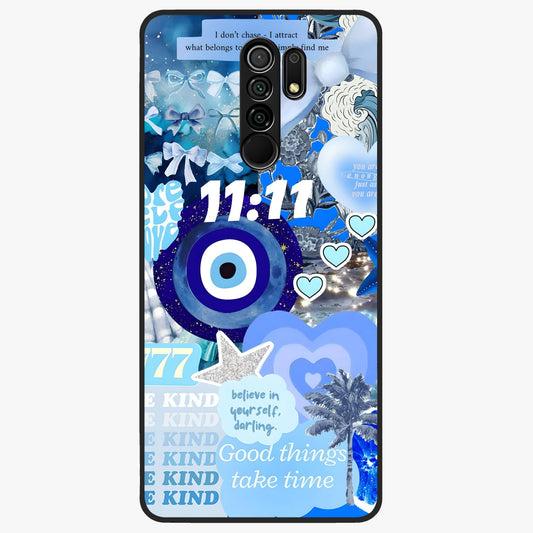 Aesthetic Be Kind Eye Glass Case showing flat back view with motivational eye artwork and glossy glass finish.