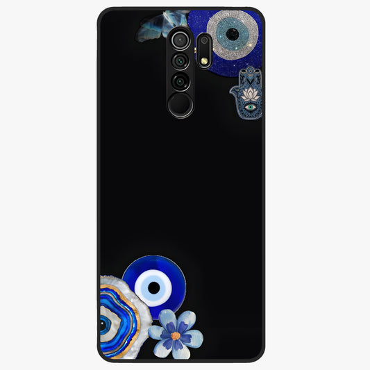 Aesthetic Blue Evil Eye Glass Case showing flat back view with protective evil eye artwork and glossy glass finish.