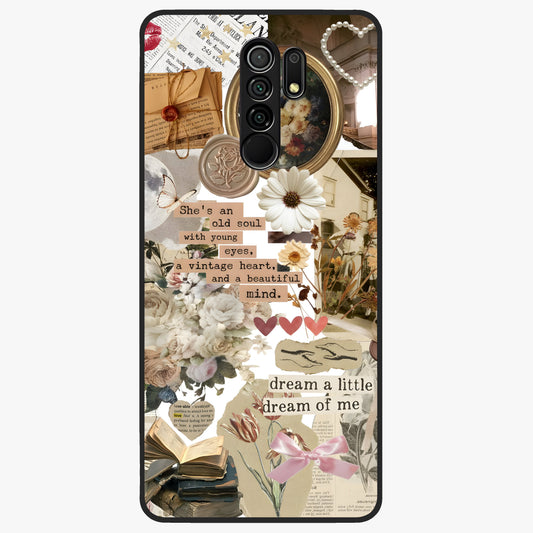 Aesthetic Brown Vintage Collage Glass Case showing flat back view with retro collage artwork and glossy glass finish.