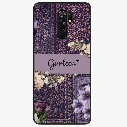 Antique Floral Whisper Custom Name Glass Case showing flat back view with vintage floral artwork and personalized name design.