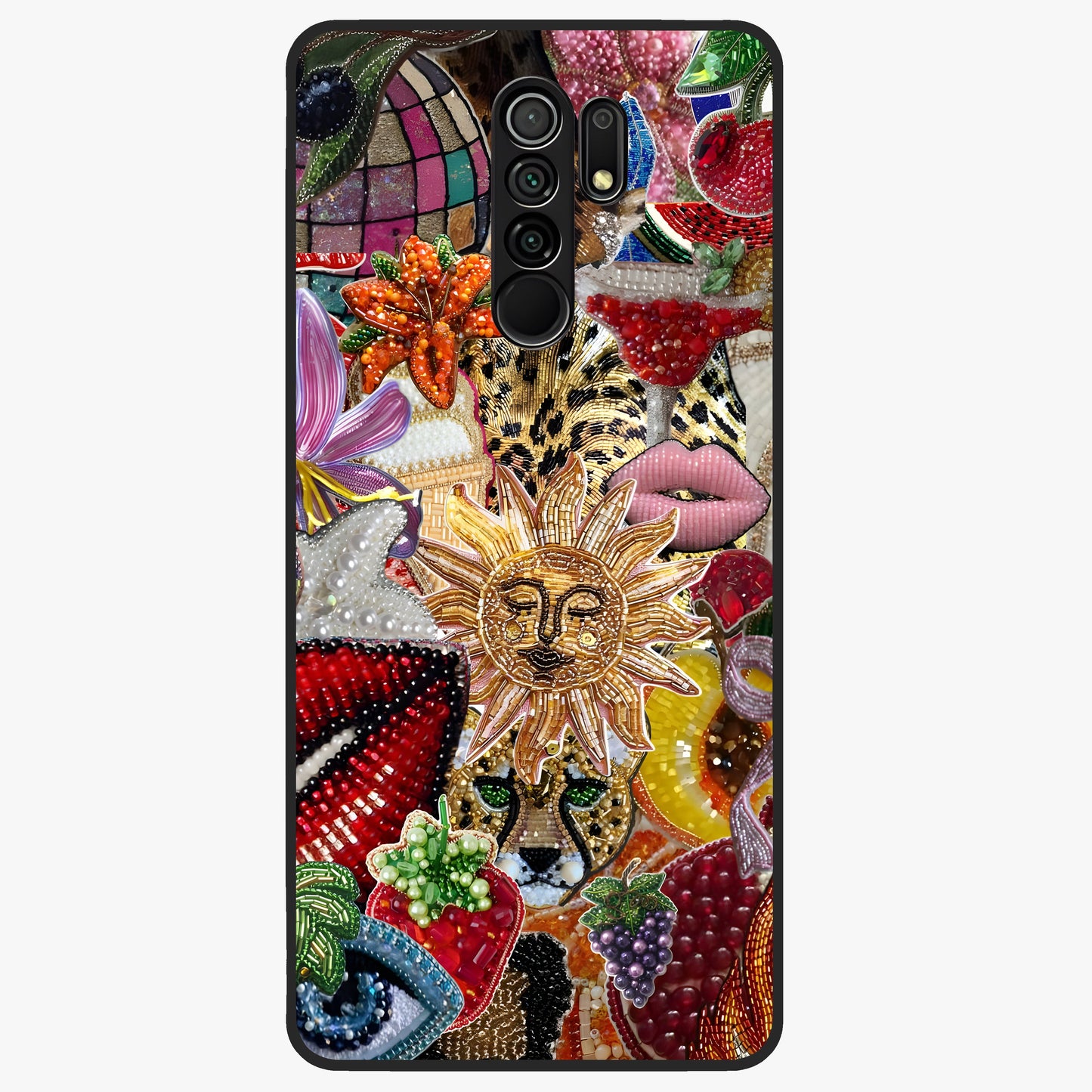 Beaded Fashion Jungle Glass Case showing flat back view with vibrant jungle inspired bead artwork and glossy glass finish.