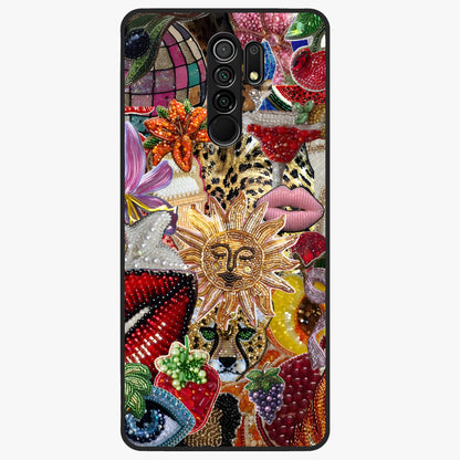 Beaded Fashion Jungle Glass Case showing flat back view with vibrant jungle inspired bead artwork and glossy glass finish.