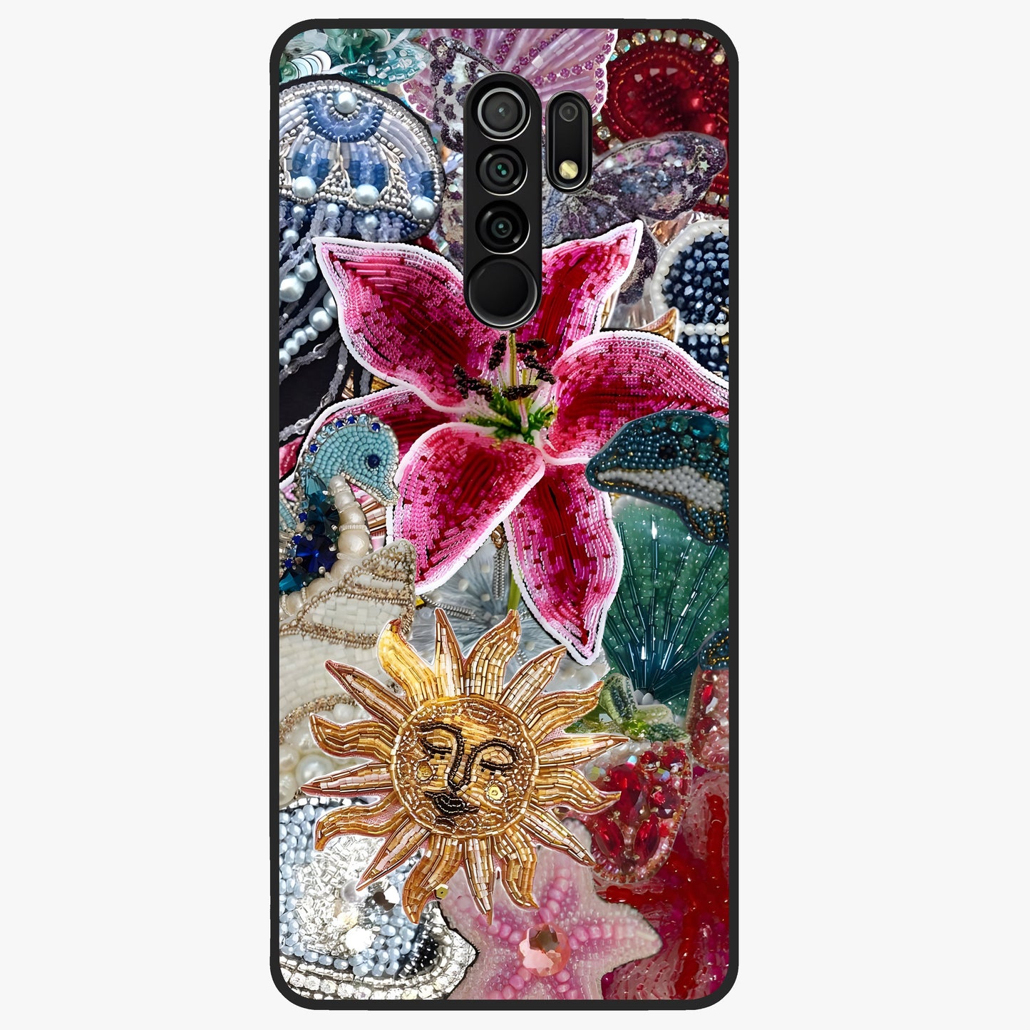 Beaded Garden Fantasy Glass Case showing flat back view with dreamy garden bead artwork and glossy glass finish.