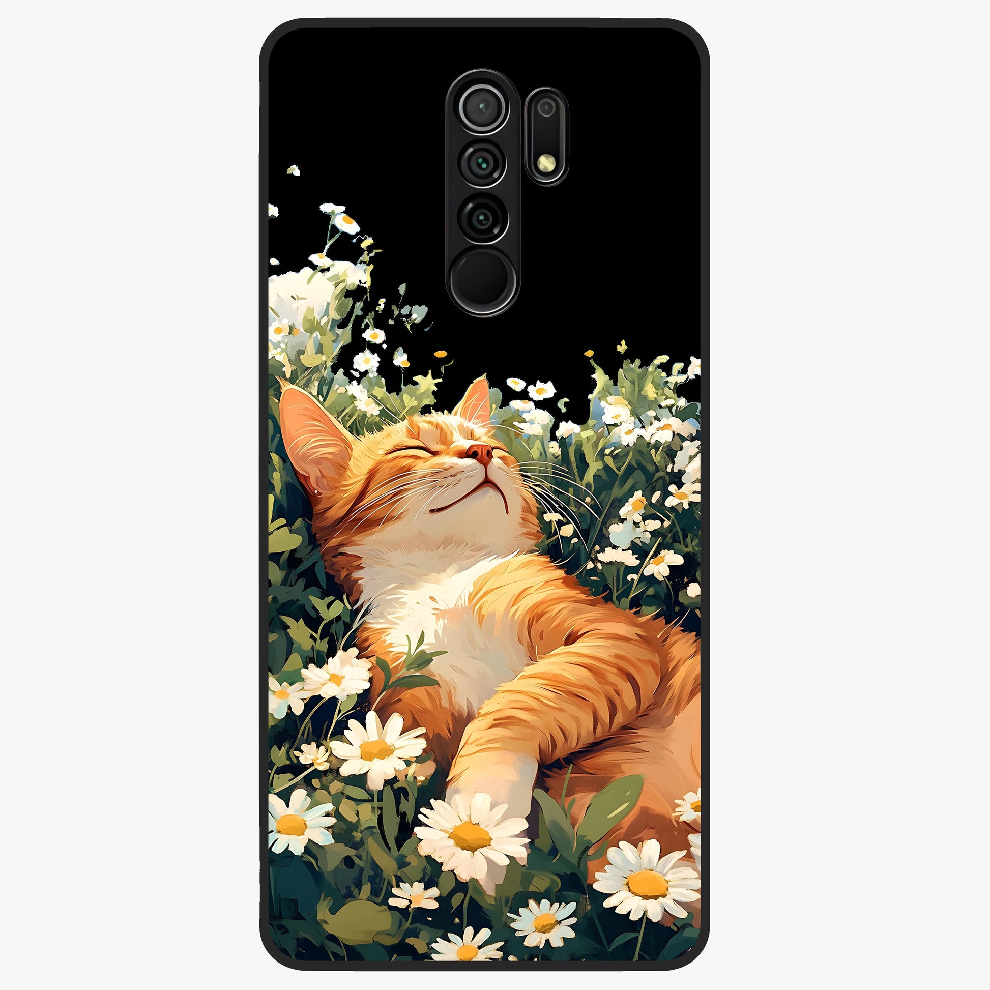 Blissful Bloom Cat Glass Case showing flat back view with cute cat and floral bloom artwork and glossy glass finish.