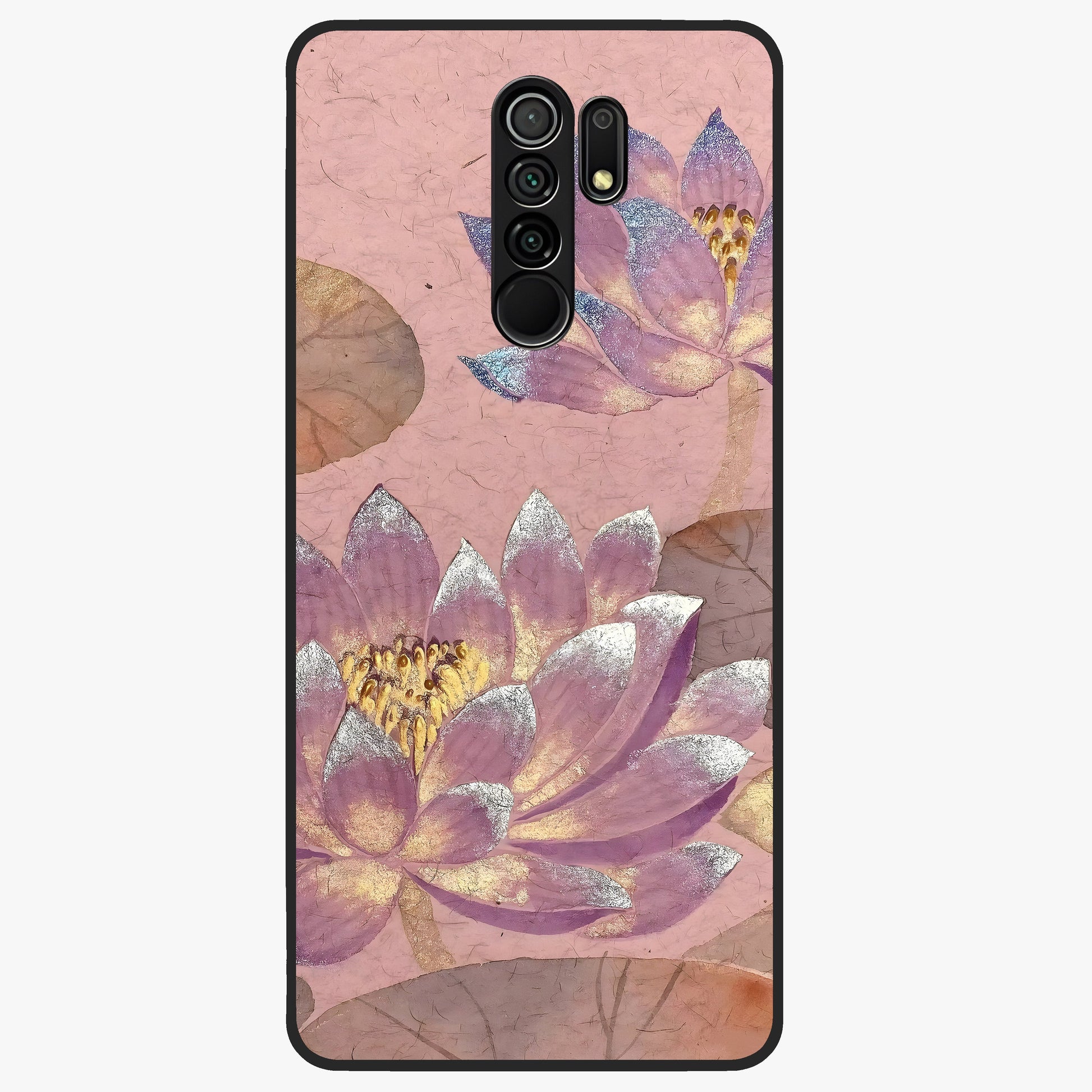Blossom Mist Lotus Glass Case showing flat back view with serene lotus blossom artwork and glossy glass finish.