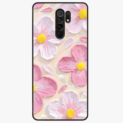 Blush Bloom Texture Glass Case showing flat back view with soft blush floral texture artwork and glossy glass finish.