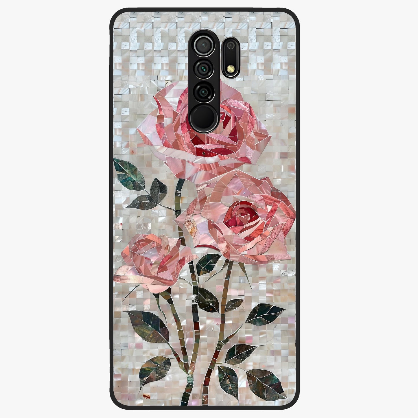 Blush Mosaic Bloom Glass Case showing flat back view with mosaic floral bloom artwork and glossy glass finish.