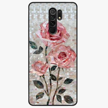 Blush Mosaic Bloom Glass Case showing flat back view with mosaic floral bloom artwork and glossy glass finish.