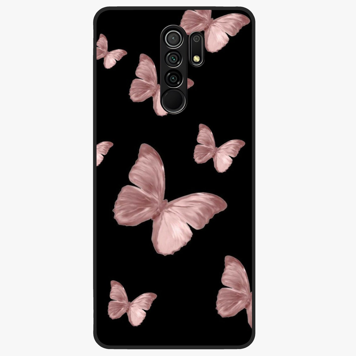 Butterfly Pattern Glass Case showing flat back view with elegant butterfly pattern artwork and glossy glass finish.