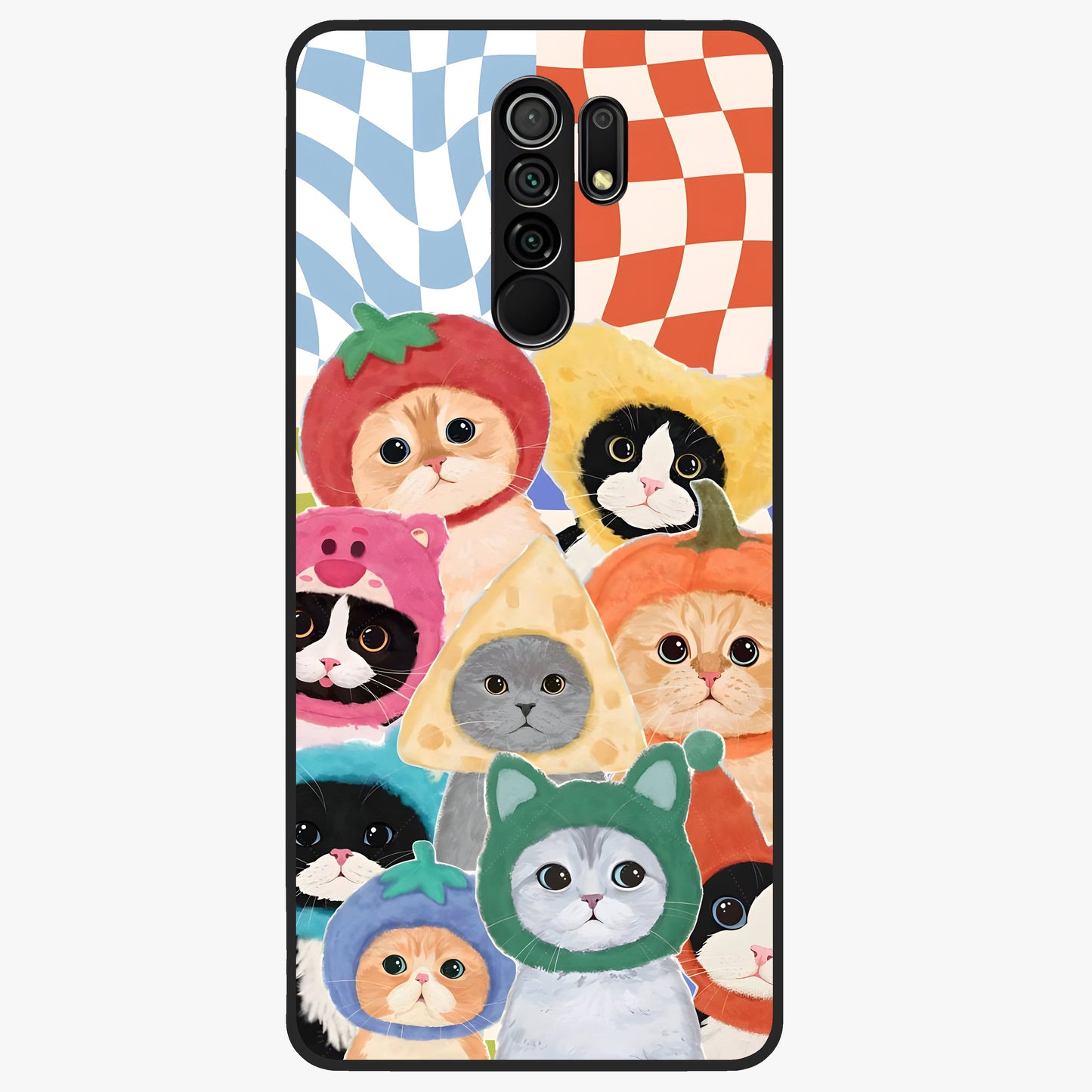 Cats in Fruits Glass Case showing flat back view with playful cat illustrations inside fruit artwork and glossy glass finish.
