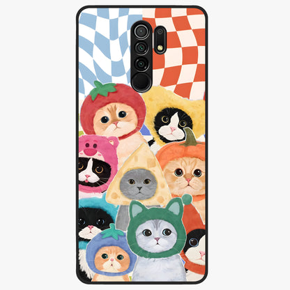 Cats in Fruits Glass Case showing flat back view with playful cat illustrations inside fruit artwork and glossy glass finish.