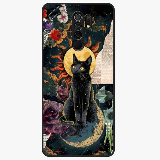 Celestial Black Cat Glass Case showing flat back view with mystical black cat artwork and glossy glass finish.