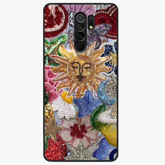 Celestial Floral and Playful Glass Case showing flat back view with floral and celestial themed artwork and glossy glass finish.