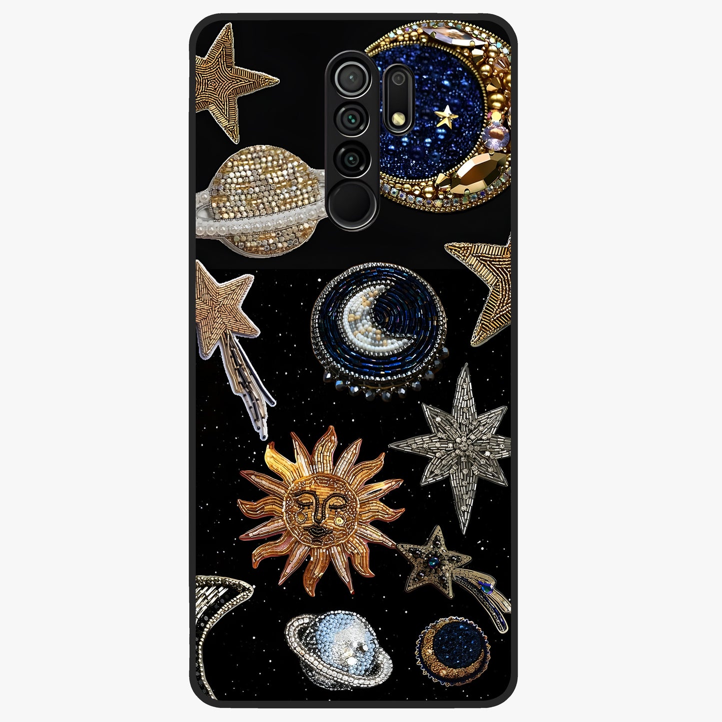 Celestial Gem Constellations Glass Case showing flat back view with sparkling constellation artwork and glossy glass finish.