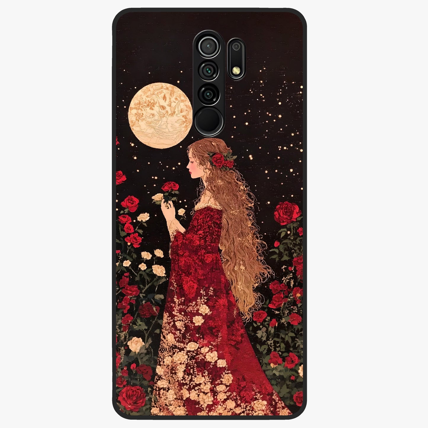 Crimson Dreams Glass Case showing flat back view with dreamy crimson artwork and glossy glass finish.