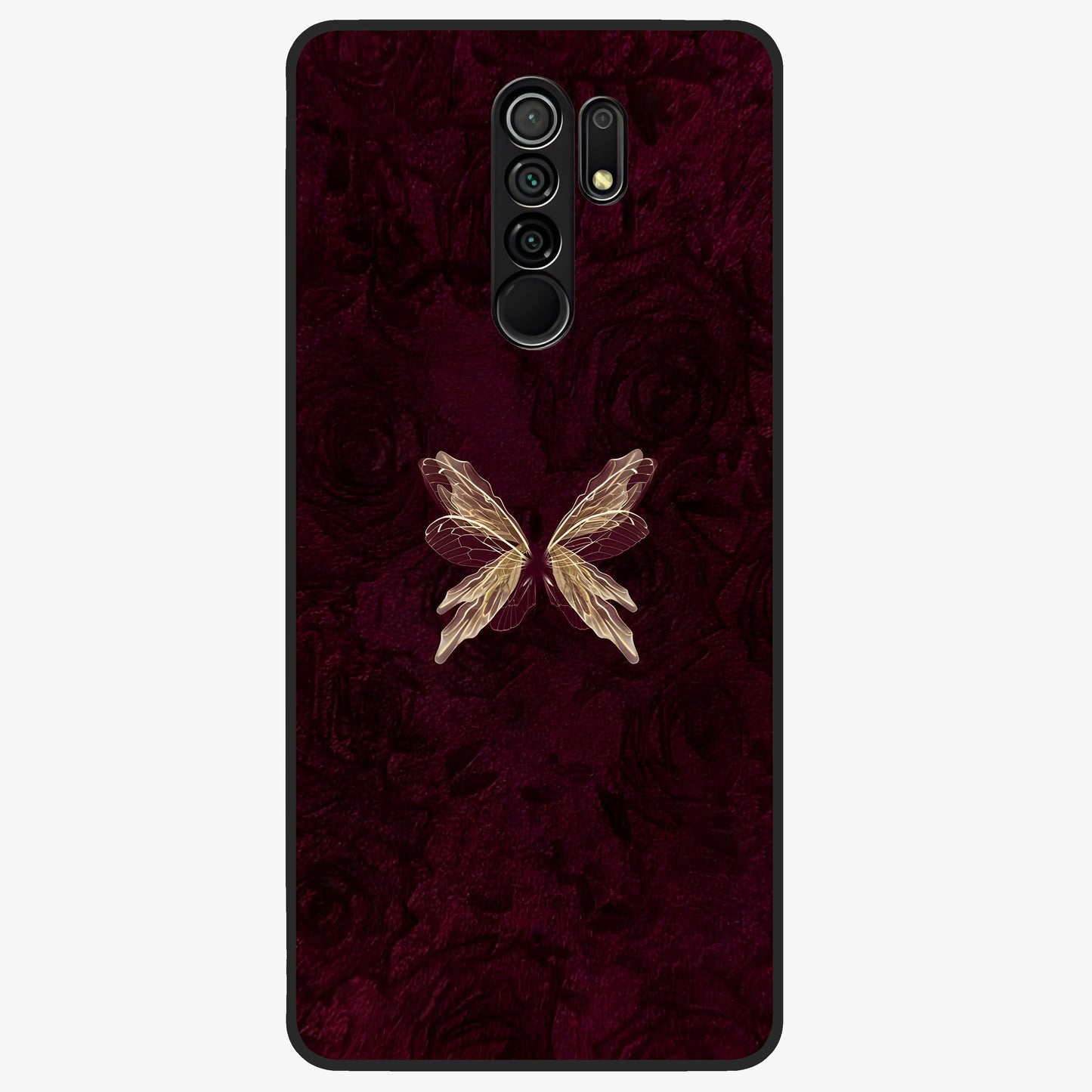 Crimson Fade Butterfly Glass Case showing flat back view with fading butterfly artwork and glossy glass finish.