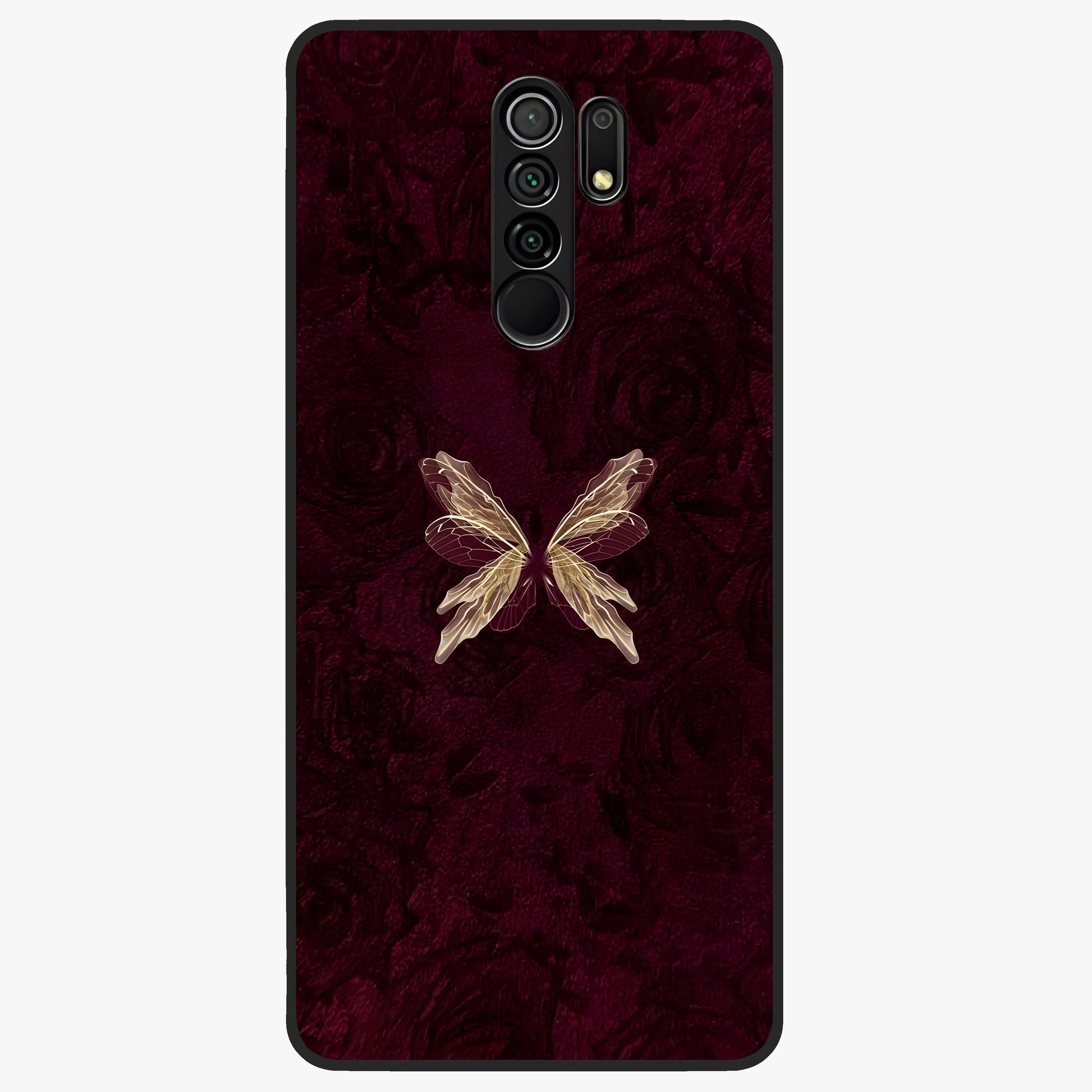 Crimson Fade Butterfly Glass Case showing flat back view with fading butterfly artwork and glossy glass finish.