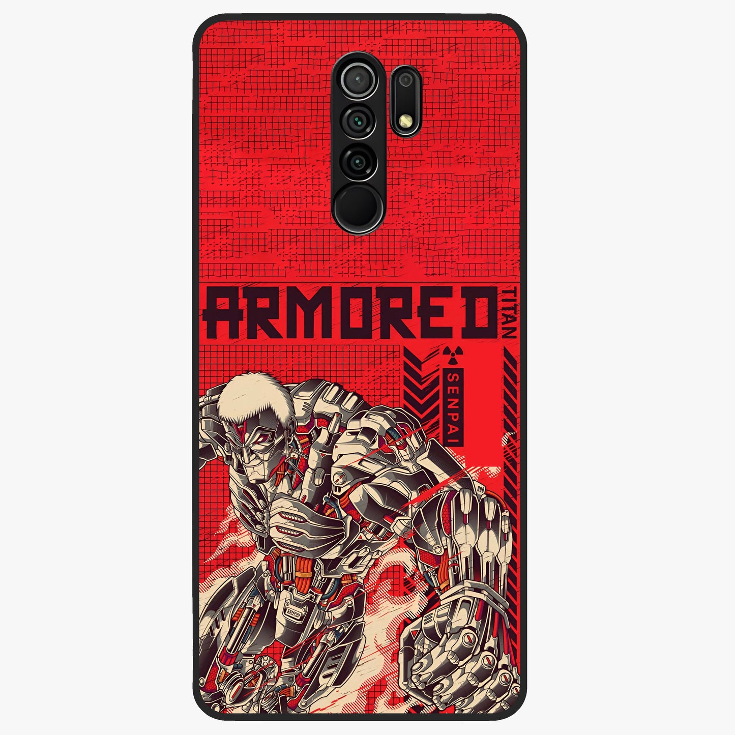 Crimson Mecha Titan Glass Case showing flat back view with powerful mech titan artwork and glossy glass finish.