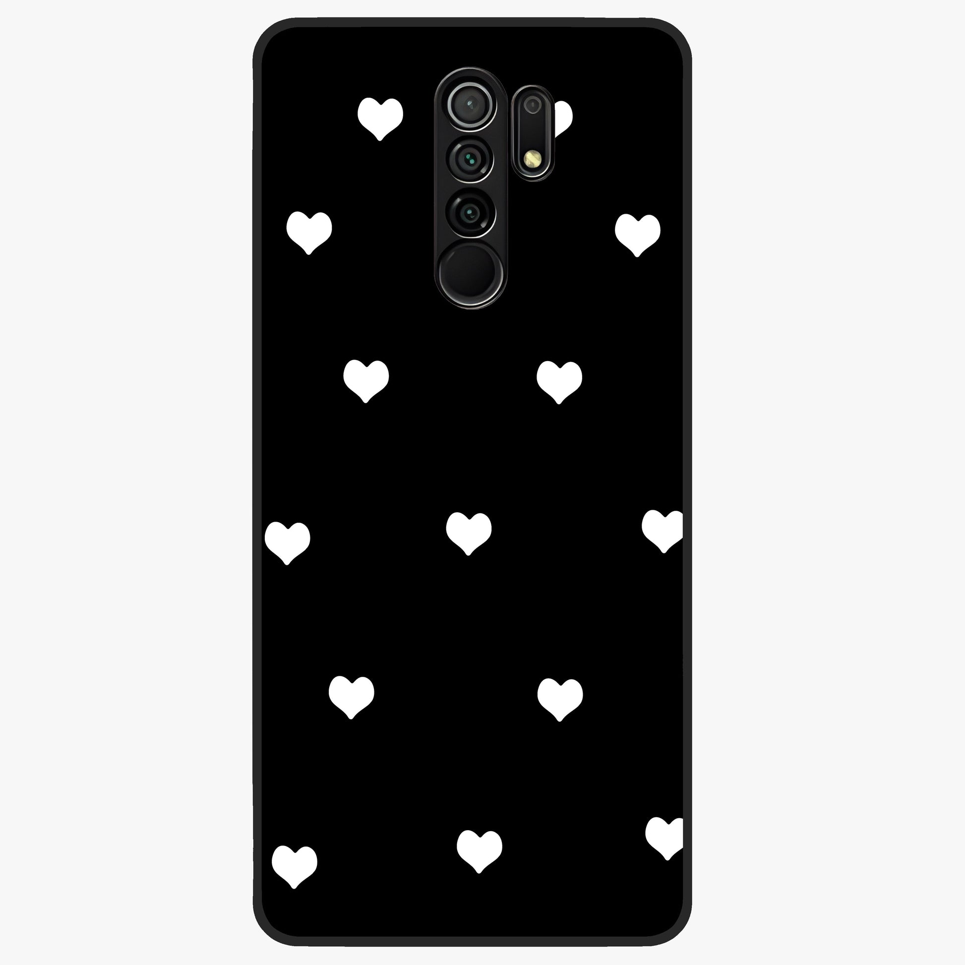 Cute And Simple White Hearts Glass Case showing flat back view with minimal white heart pattern and glossy glass finish.