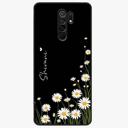 Daisy Cascade Custom Name Glass Case showing flat back view with cascading daisy flowers and personalized name design.