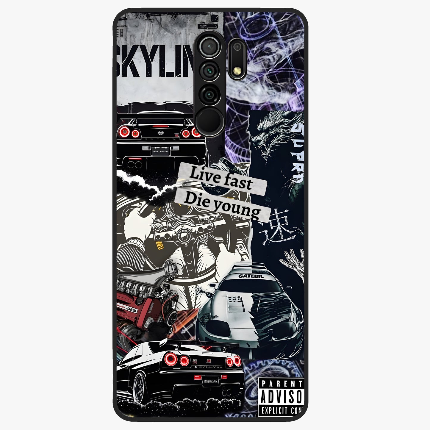 Die Young Glass Case showing flat back view with bold artistic typography design and glossy glass finish.