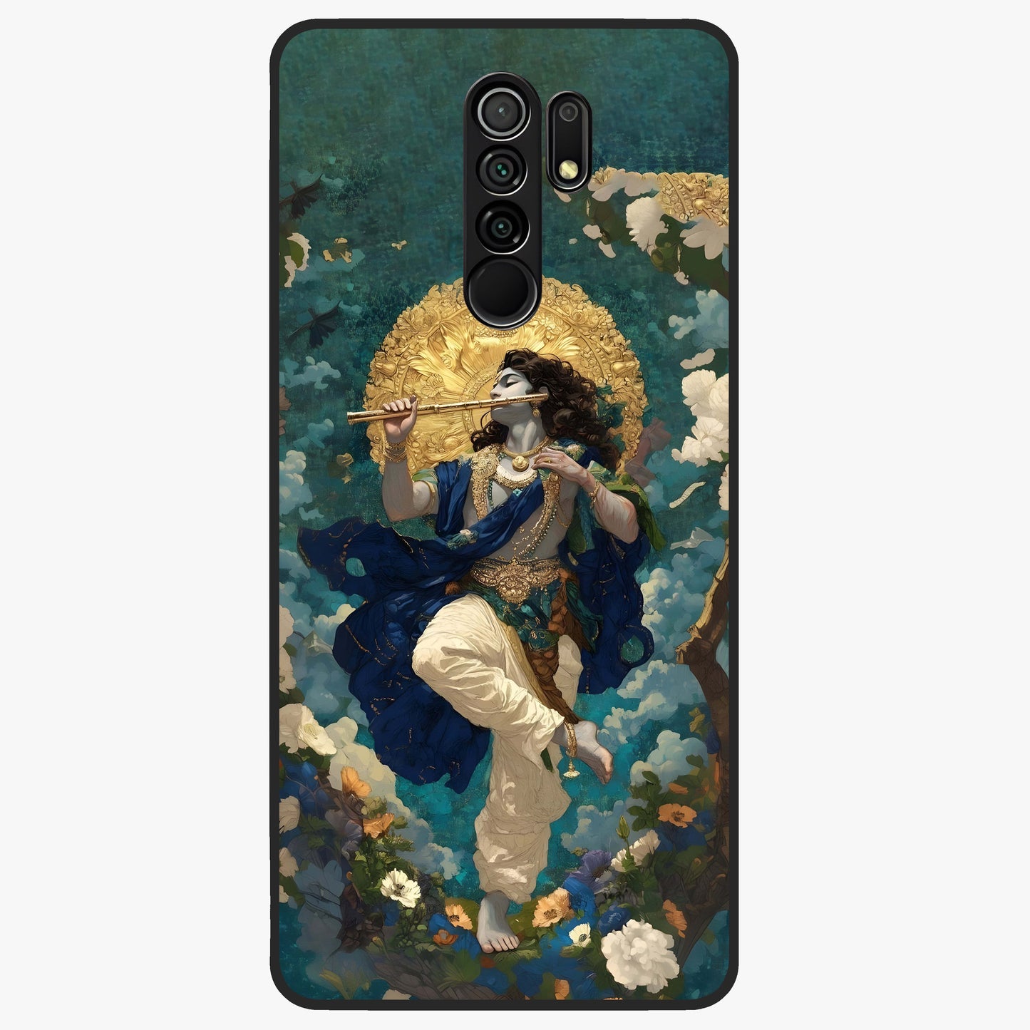 Divine Krishna Art Glass Case showing flat back view with Lord Krishna artwork and glossy glass finish.