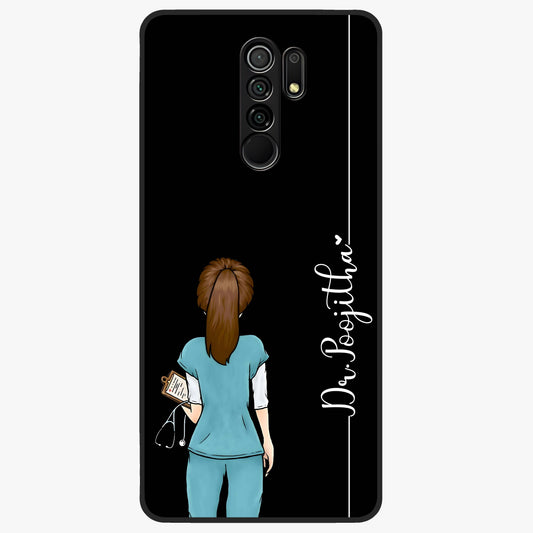 Doctor Pattern Custom Name Glass Case showing flat back view with medical themed pattern and personalized name design.