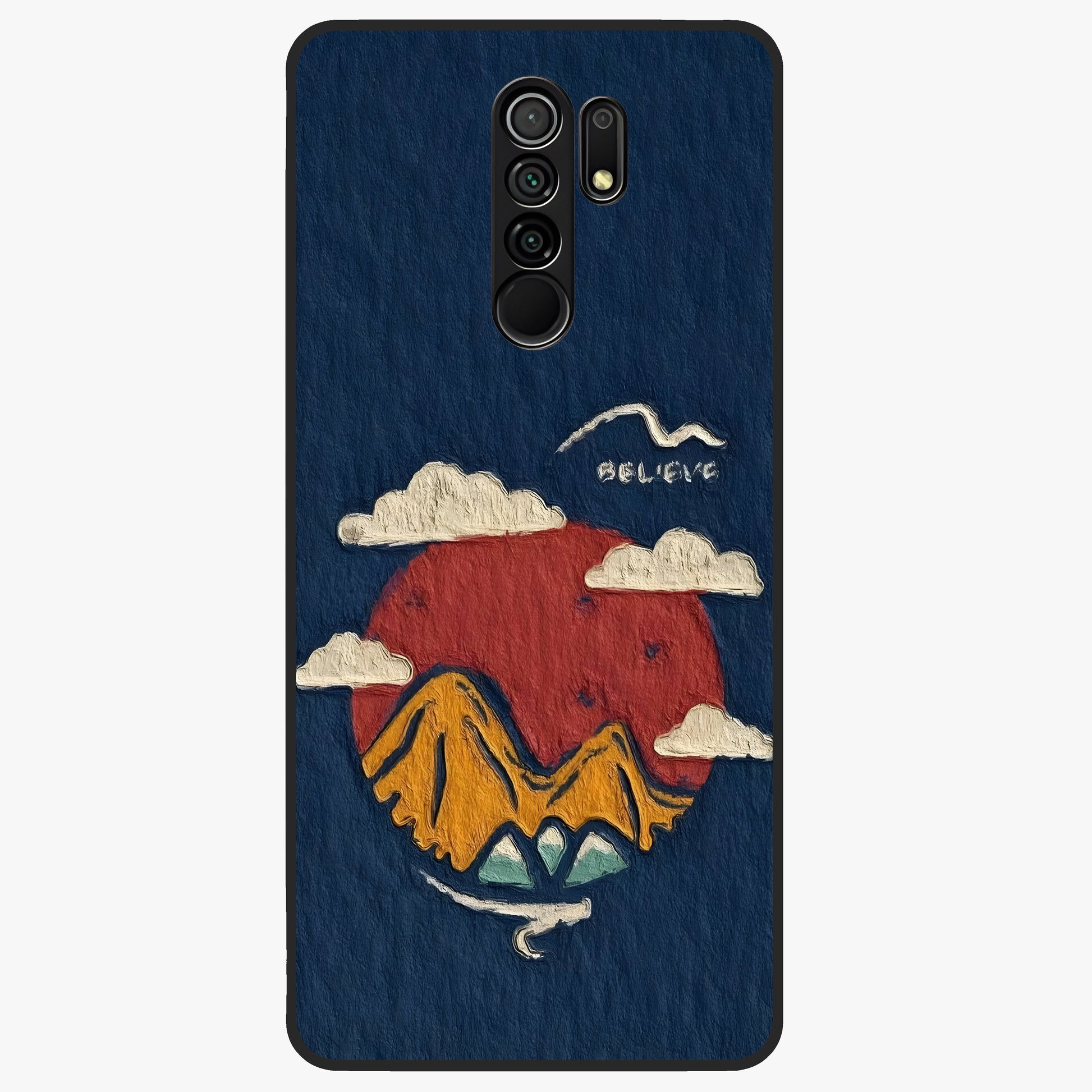 Dream Beyond Mountains Glass Case showing flat back view with scenic mountain landscape artwork and glossy glass finish.