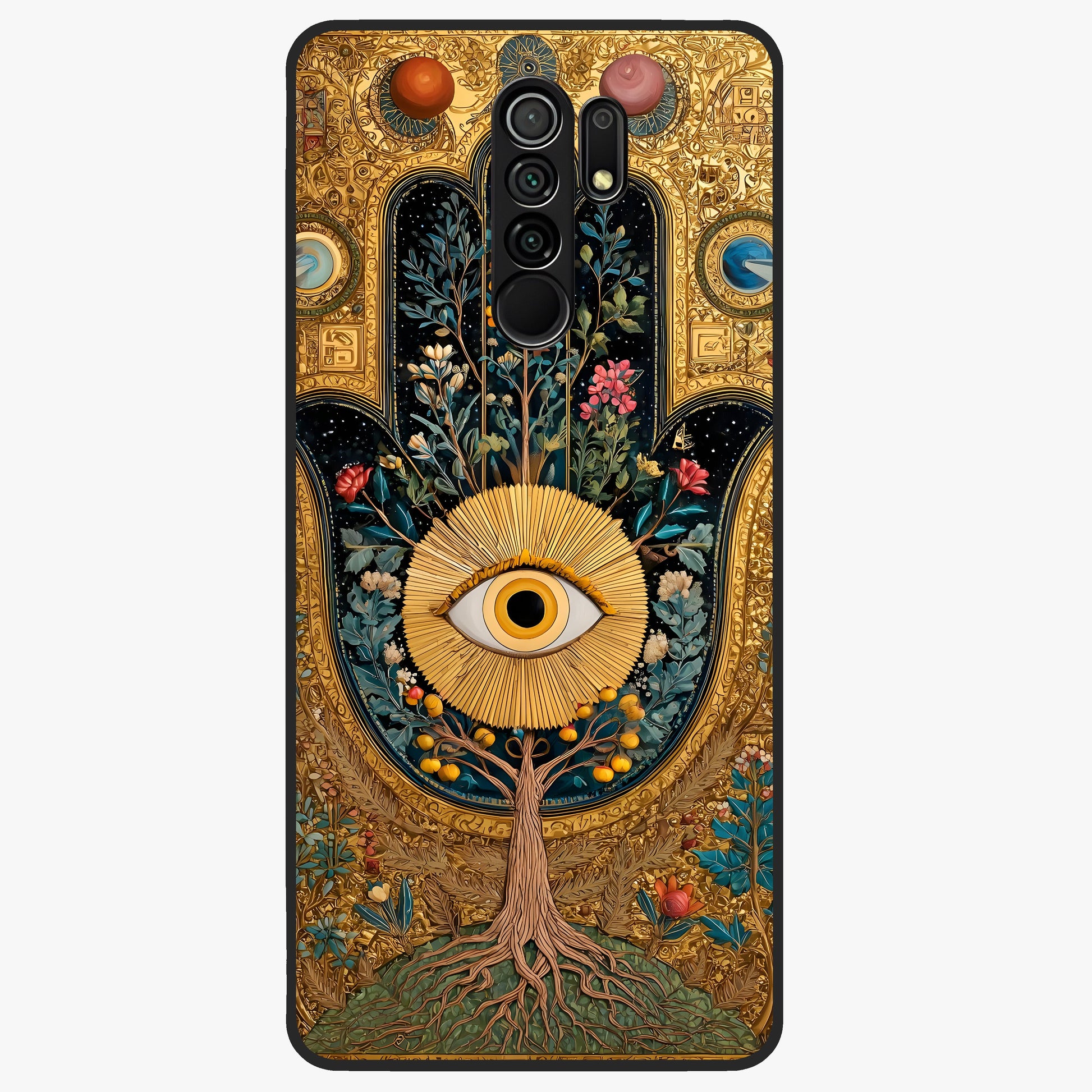 Ethereal Evil Eye Glass Case showing flat back view with mystical evil eye artwork and glossy glass finish.