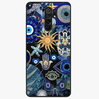 Evil Eye Charm Mix Glass Case showing flat back view with multiple evil eye charms artwork and glossy glass finish.