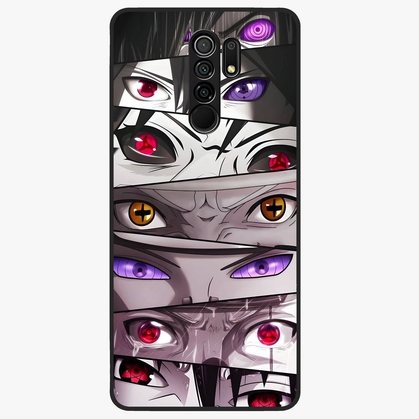 Eyes of Destiny Glass Case showing flat back view with striking eye themed artwork and glossy glass finish.