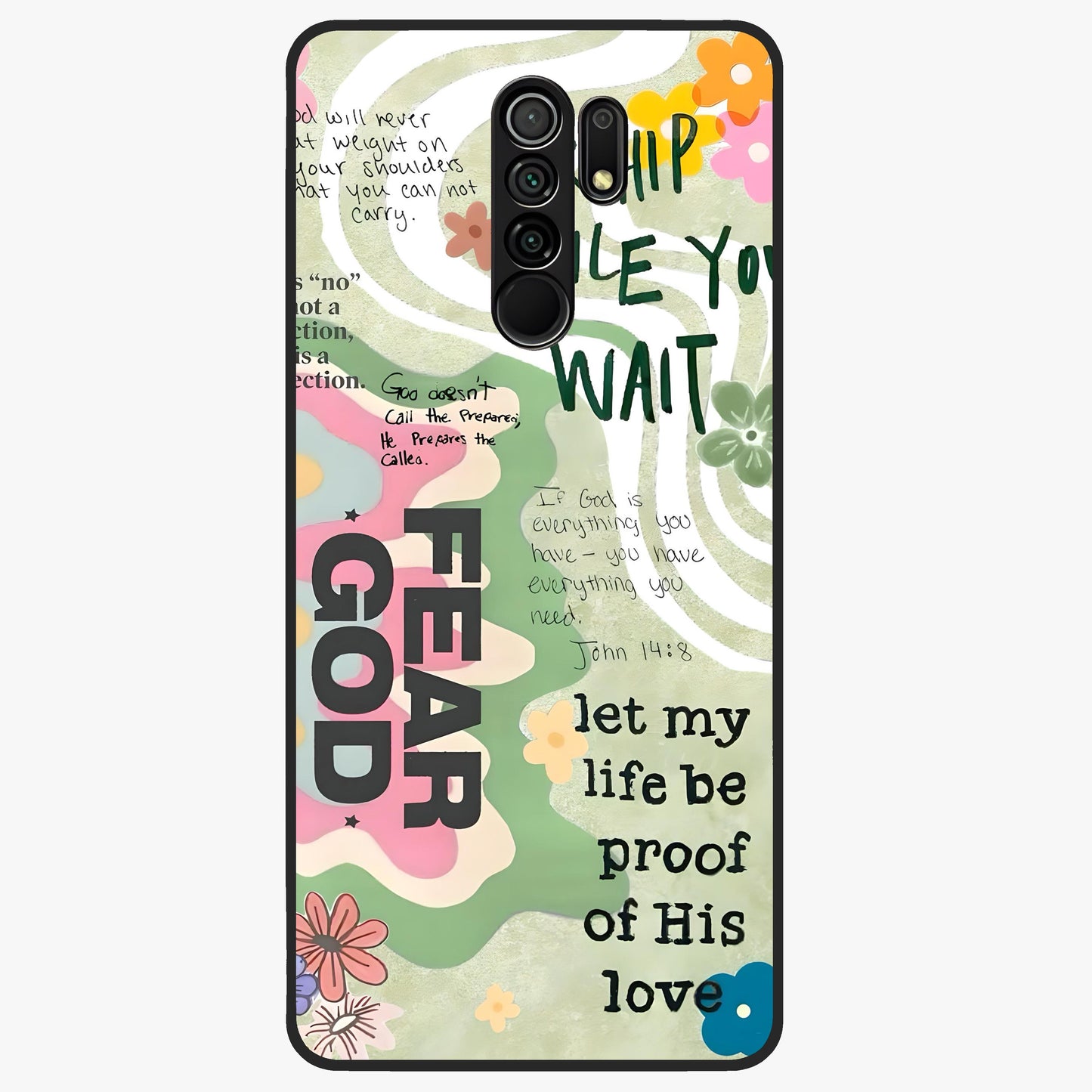 Faith Over Fear Glass Case showing flat back view with motivational typography artwork and glossy glass finish.