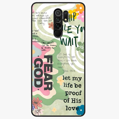Faith Over Fear Glass Case showing flat back view with motivational typography artwork and glossy glass finish.