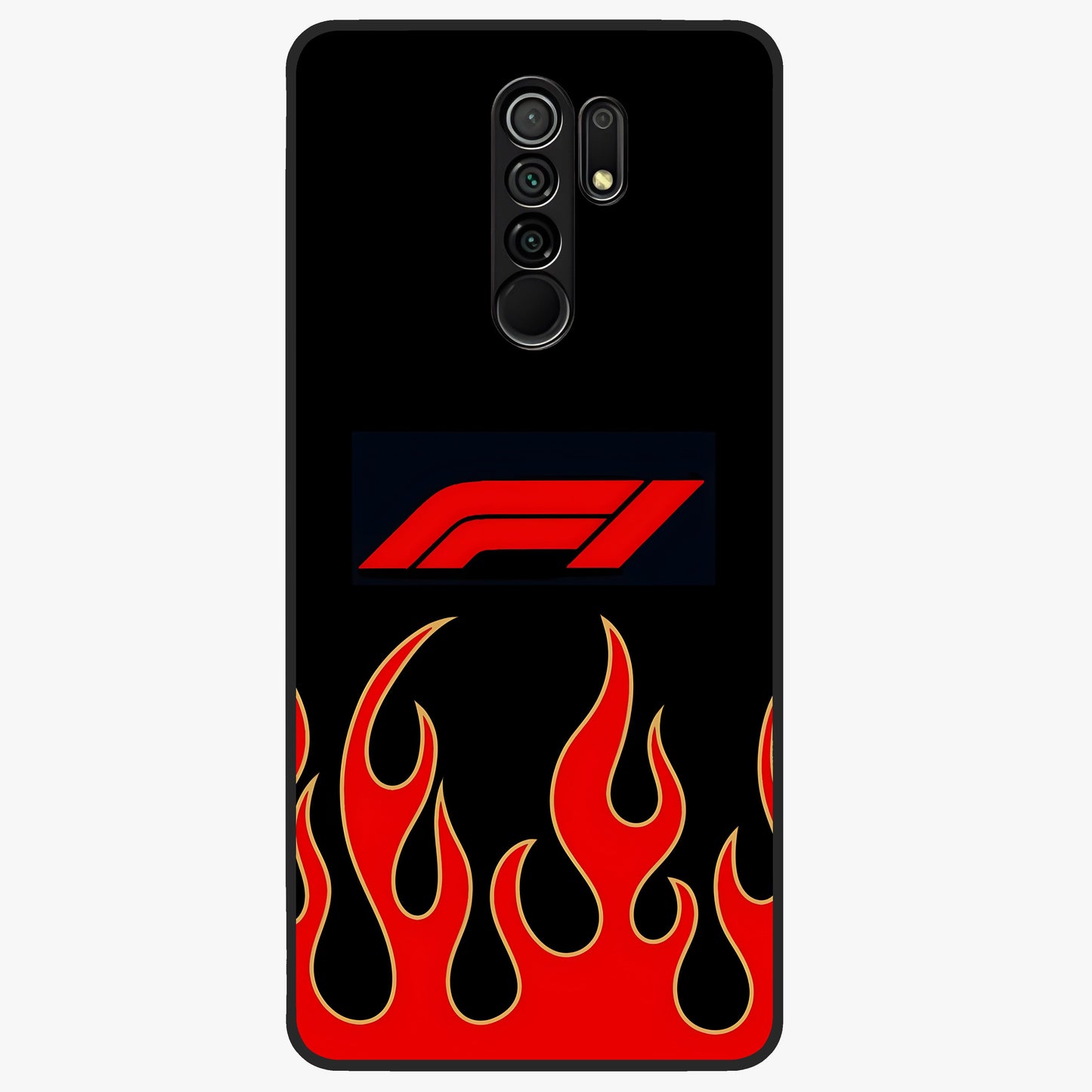 Fire F11 Glass Case showing flat back view with fiery themed artwork and glossy glass finish.