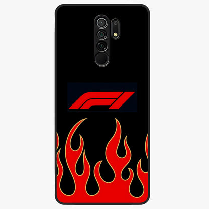 Fire F11 Glass Case showing flat back view with fiery themed artwork and glossy glass finish.