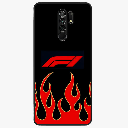 Fire F11 Glass Case showing flat back view with fiery themed artwork and glossy glass finish.