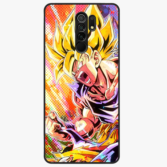 Firing Goku Glass Case showing flat back view with powerful anime inspired artwork and glossy glass finish.