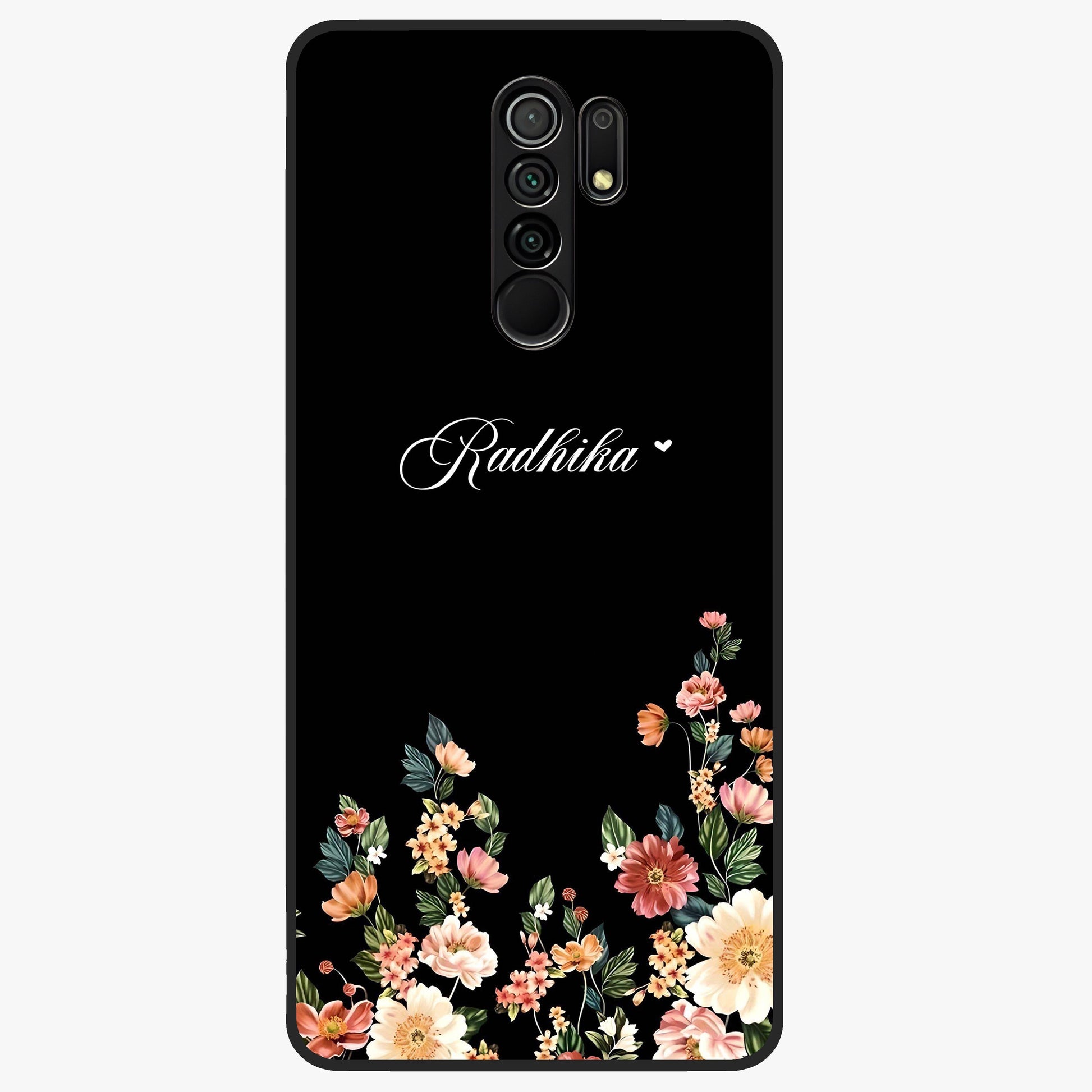 Floral Design With a Custom Personalized Name Glass Case showing flat back view with floral artwork and personalized name design.