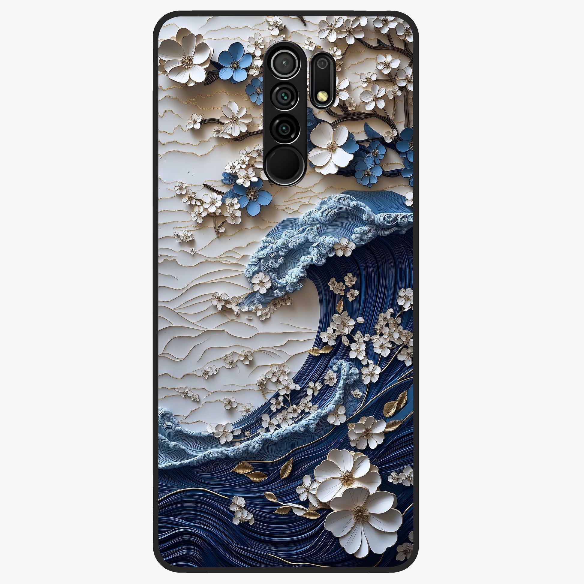 Floral Wave Origami Glass Case showing flat back view with origami inspired floral wave artwork and glossy glass finish.