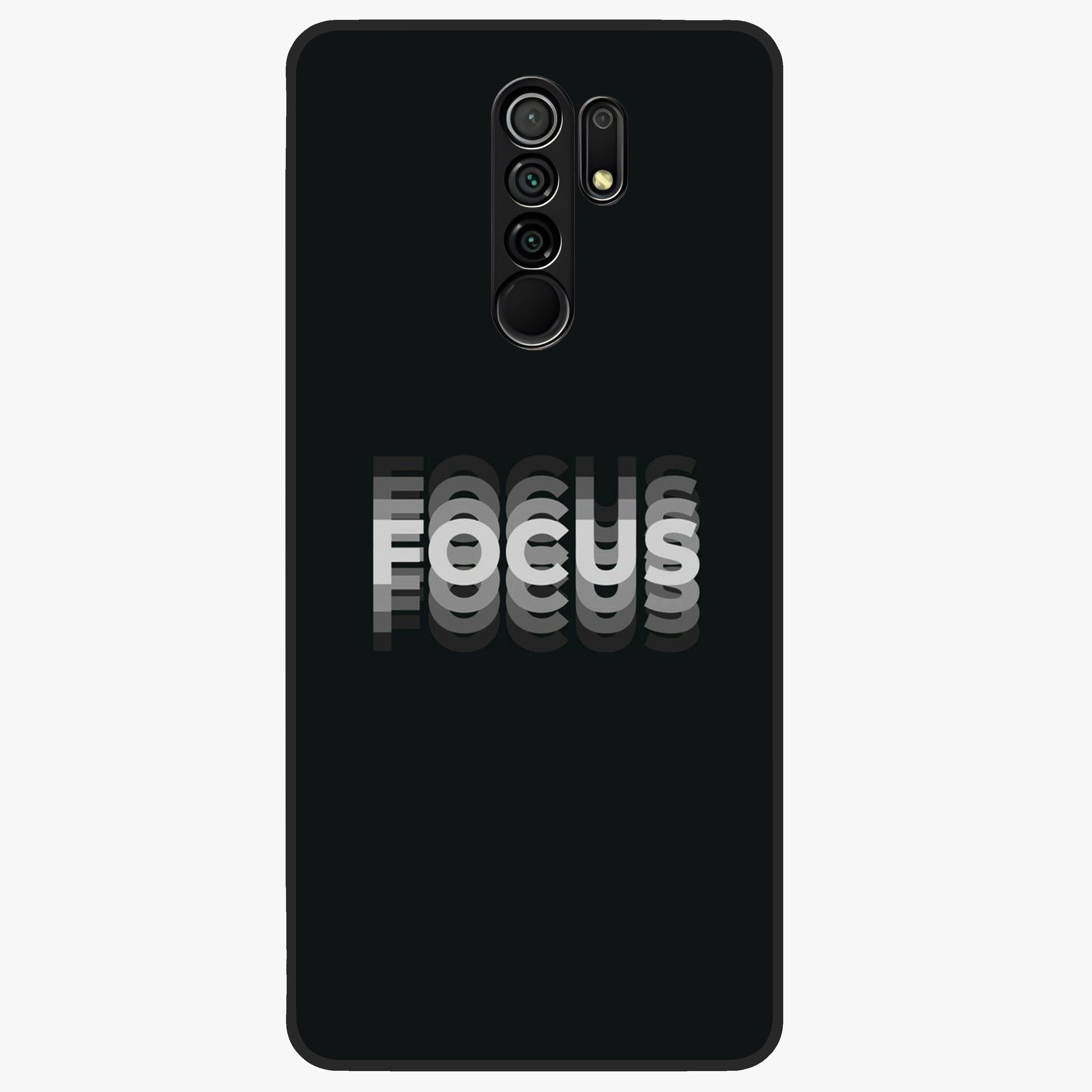 Focus Mode On Glass Case showing flat back view with bold motivational typography design and glossy glass finish.