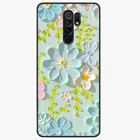 Frosted Petal Garden Glass Case showing flat back view with soft frosted floral artwork and glossy glass finish.