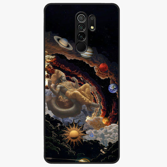 Galactic Divine God Glass Case showing flat back view with divine cosmic themed artwork and glossy glass finish.