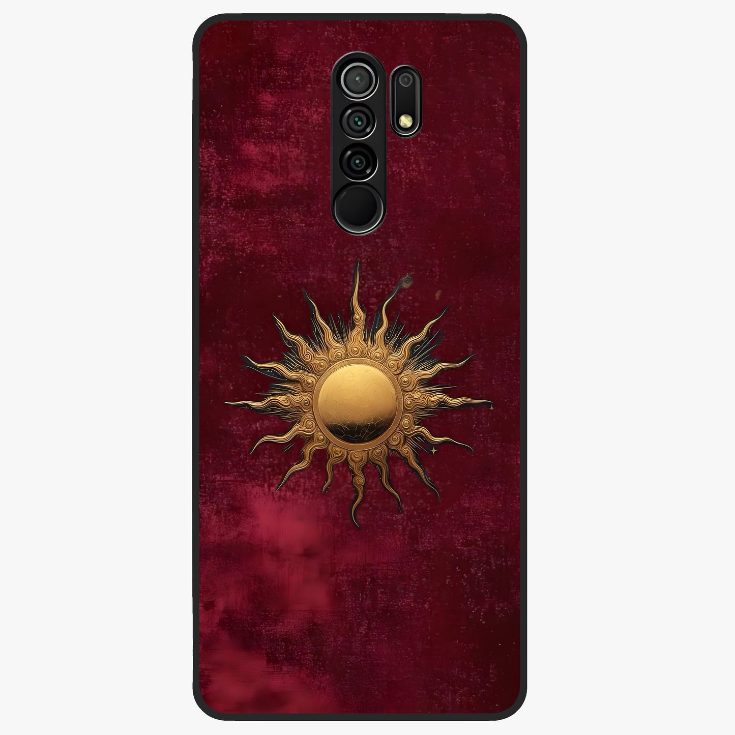 Gold Sun Blush Glass Case showing flat back view with golden sun inspired artwork and glossy glass finish.