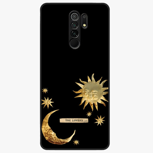 Golden Celestial Charm Glass Case showing flat back view with golden celestial charm artwork and glossy glass finish.