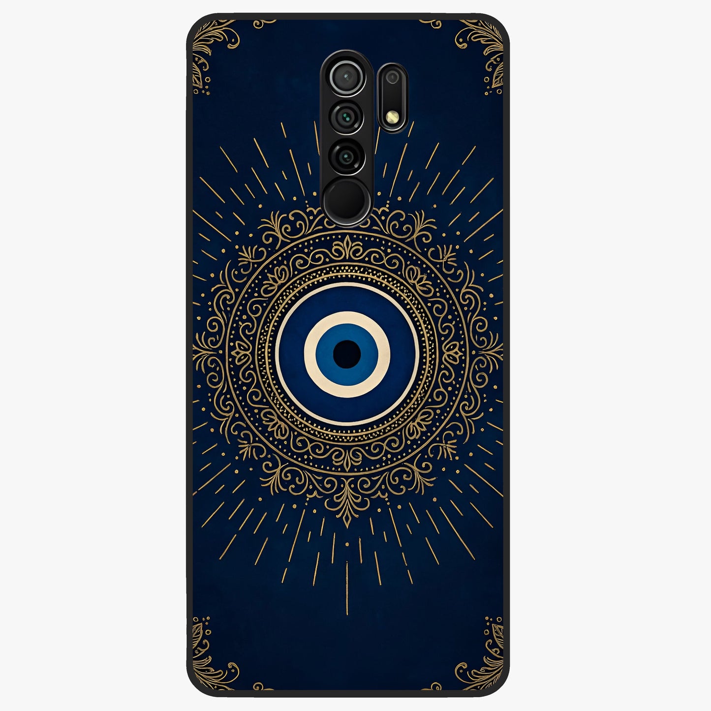 Golden Evil Eye Mandala Glass Case showing flat back view with intricate evil eye mandala artwork and glossy glass finish.