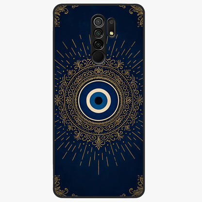 Golden Evil Eye Mandala Glass Case showing flat back view with intricate evil eye mandala artwork and glossy glass finish.
